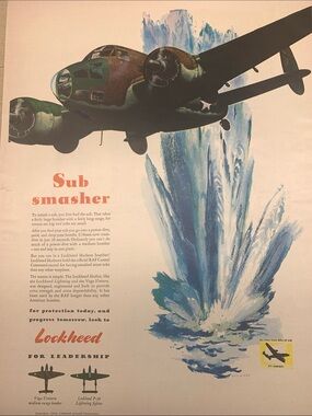'Sub Smasher' Vintage Lockheed Aircraft Ad Life Magazine April 5, 1943